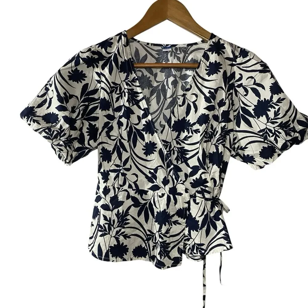 Old Navy Waist Defined Floral Puff Sleeve Tie-Wrap Blouse Small Petite Cottage
